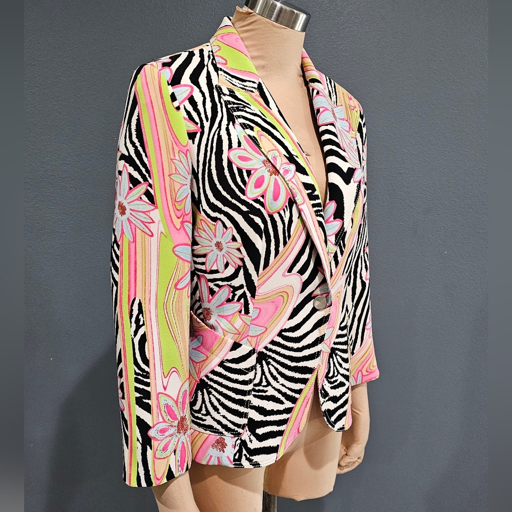 ALBERTO MAKALI White Floral Zebra Print Blazer Jacket 10 - Picture 4 of 10